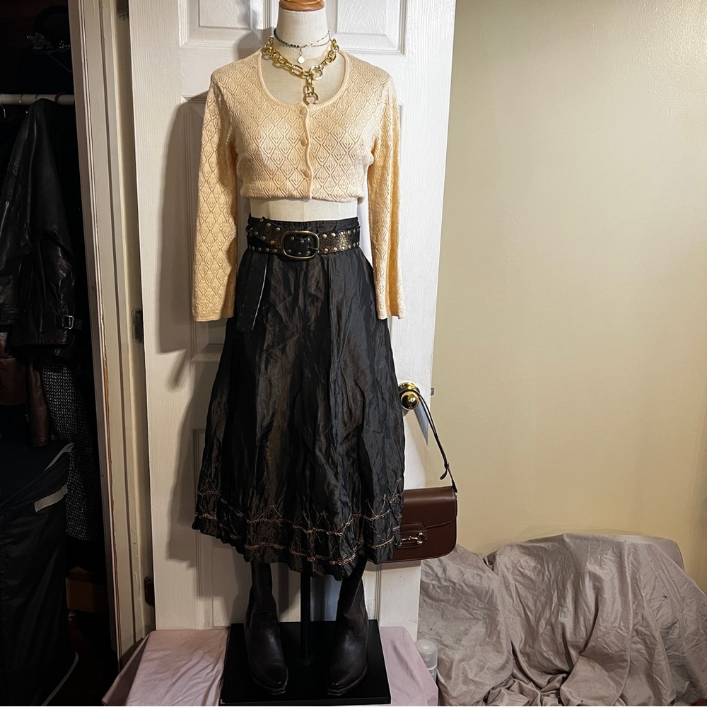 Pucci Vintage Wms Metallic‎ Taffeta Embroidered Beaded Crinkle Midi Skirt 48/L